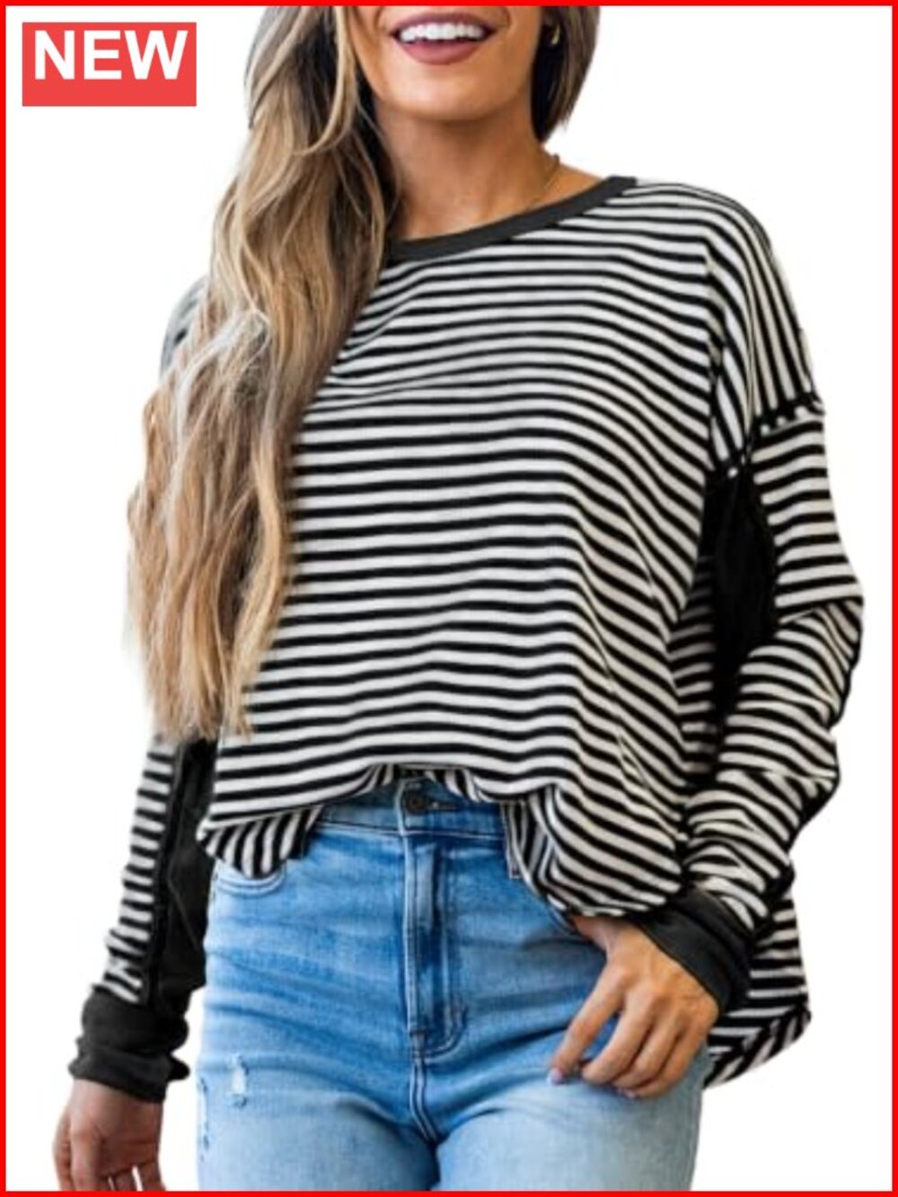 Waffle Knit Striped Thumbhole Oversized Crewneck Sweatshirt Fall Casual Top